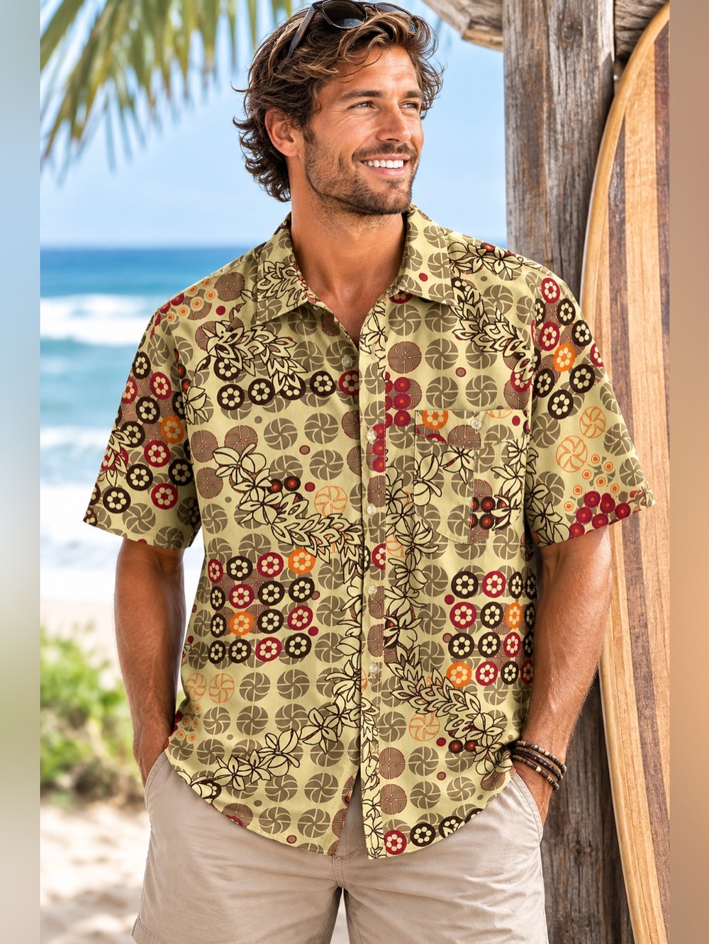 OP Ocean Pacific Shirt M Retro Mod Floral Geometric Button Up Surf Y2K Crisp